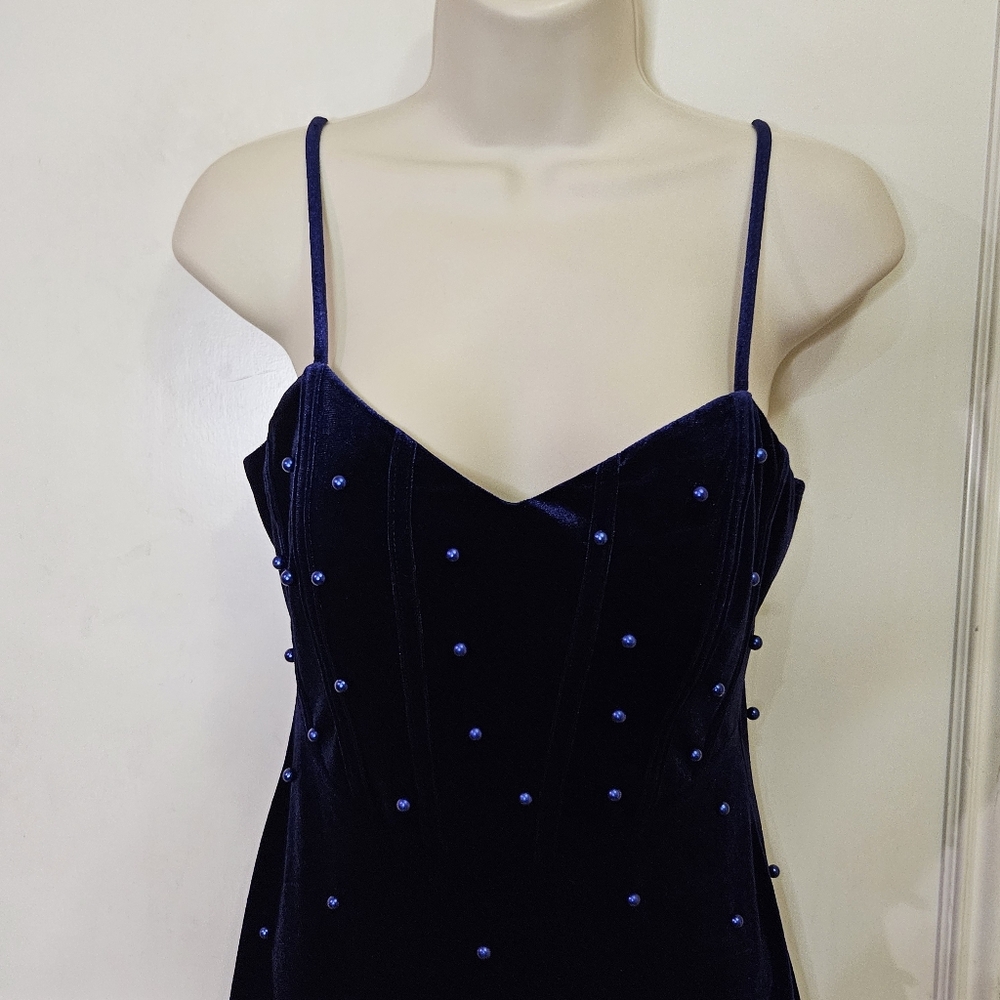 Windsor Navy Blue Velvet Beaded Embellished Asymmetrical Midi Dress,Large - Picture 11 of 16